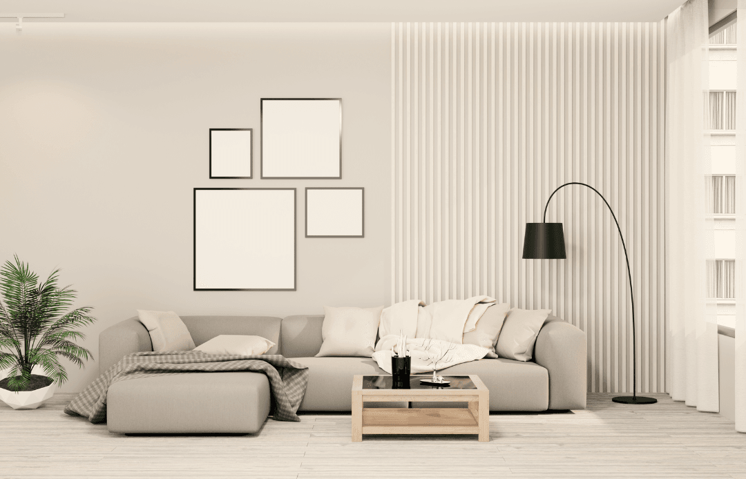 Combinación del color gris y beige en decoración de un salón