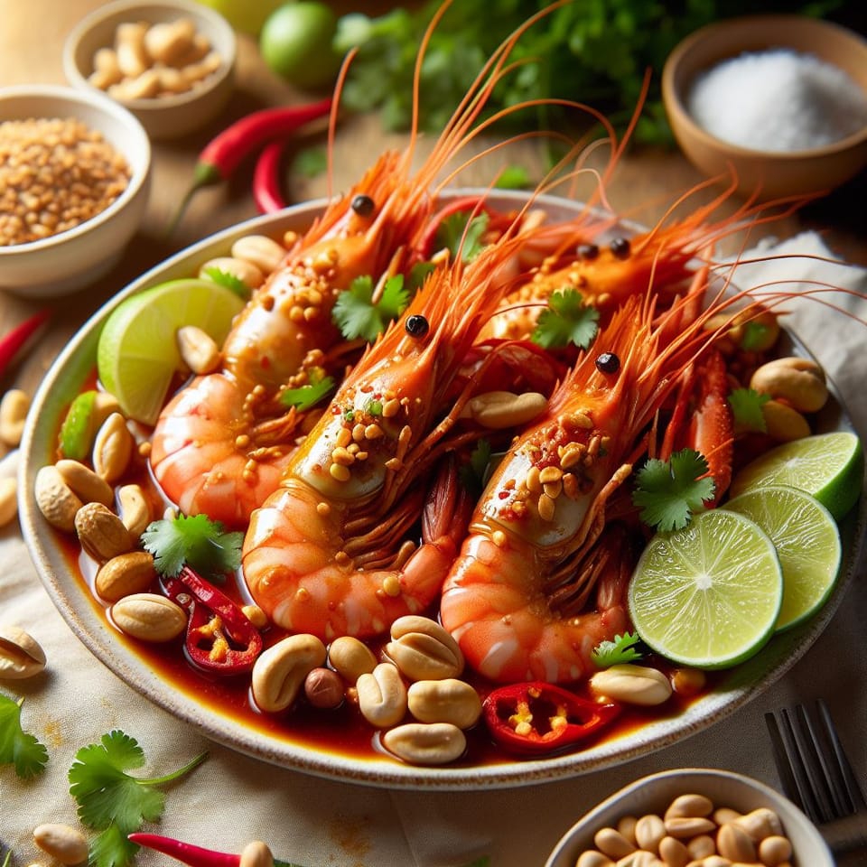 Gambas con tamarindo, chile y cacahuetes